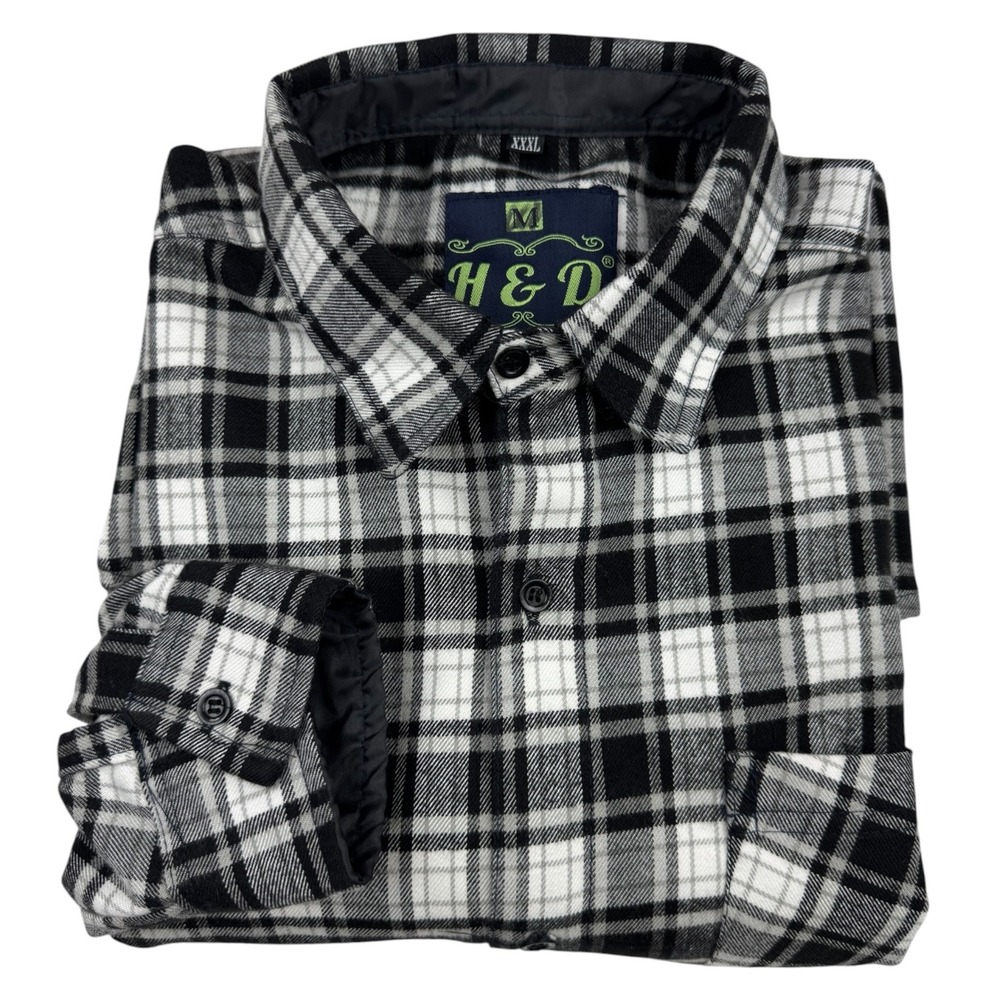 H&D Mens Black White Plaid Flannel Button Down Shirt Long Sleeve Size XXXL